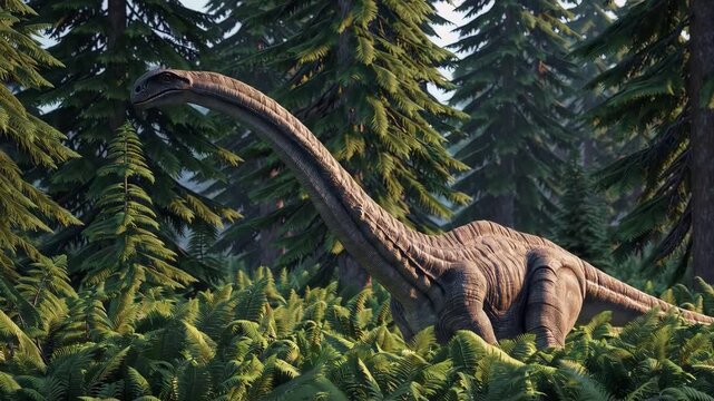 Brachiosaurus dinosaur walking slowly in prehistoric forest with tall trees, 4K video, mp4, 5 seconds  
