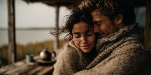 Romantic couple embracing each other outdoor by a lake wrapped in a cozy blanket, concept for relationship, wellness and relaxation