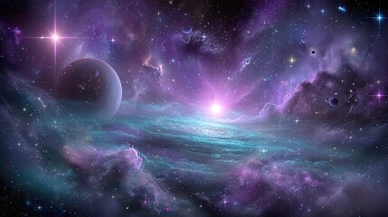 Colorful Deep Space Galaxy With Planets