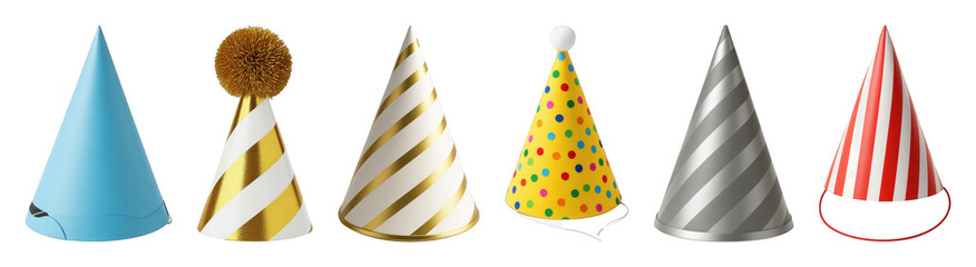 Fototapeta premium Party hat set including blue, gold striped, yellow polka dot, silver striped, and red striped designs isolated. Celebration and birthday collection.