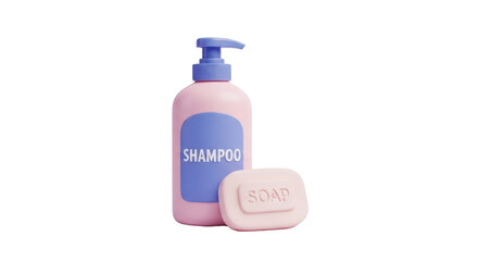 Pink shampoo bottle with a pump dispenser and a bar of soap, isolated on a white background.