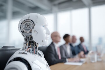 Robot attends business meeting with human colleagues, wearing suit in office. Concept for artificial intelligence in leadership, automation in workplace and future of work