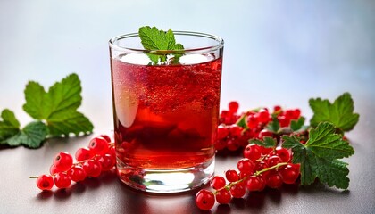 Glass Of Red Currant Syrup Drink With Fresh Red Currants And Mint