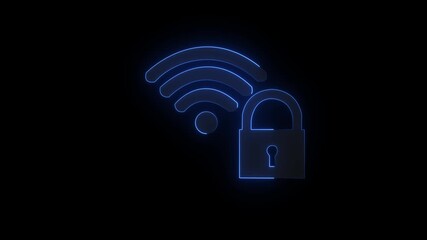 WIFI with security icon animation glowing neon blue color lock wireless internet privacy protection device info mobile phone and computer router networking sign symbol ,with black background .
