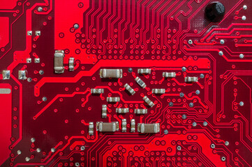 Close-up photography of the red circuit board.