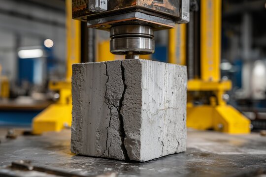 Close up of cracked concrete cube being tested for strength with a yellow testing machine. Concept for construction material testing, structural integrity assessment and engineering research