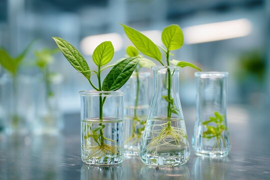 Green sprouts with roots in glass containers filled with liquid on a laboratory table. Concept for agricultural research, plant biotechnology and sustainable development