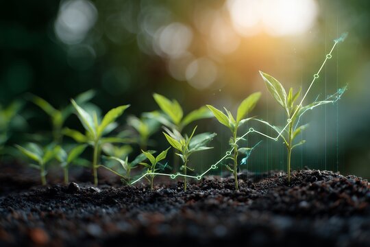 Seedlings growing in soil with an upward trending graph overlayed on the plants, concept for financial growth, business investments and sustainable development
