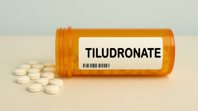 Box of TILUDRONATE tablets on a hospital pharmacy table used to treat Paget disease of bone a bisphosphonate.