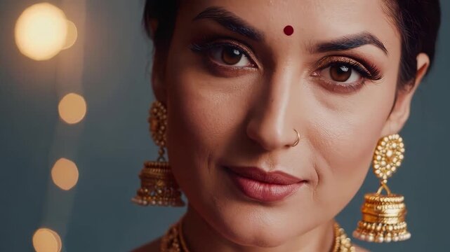 Indian woman smiling in traditional attire with jewelry and bindi during Diwali celebration, portrait, 4K video, mp4, 5 seconds  
