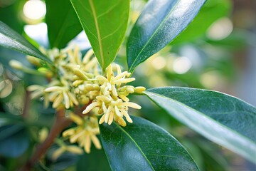 Obraz premium Close-up of delicate, pale yellow flowers on a green plant.