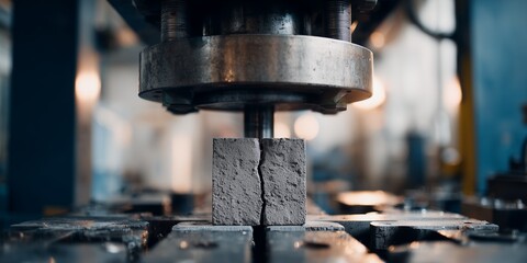 Close-up of a concrete cube being tested for strength in a compression machine, showing a crack, concept for structural engineering, material science and construction quality control