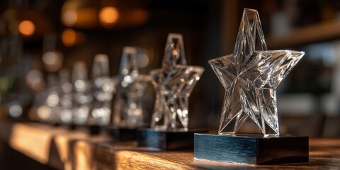 Row of glass star awards displayed on a wooden surface, creating a sense of achievement, concept for recognition event, corporate celebration and leadership rewards