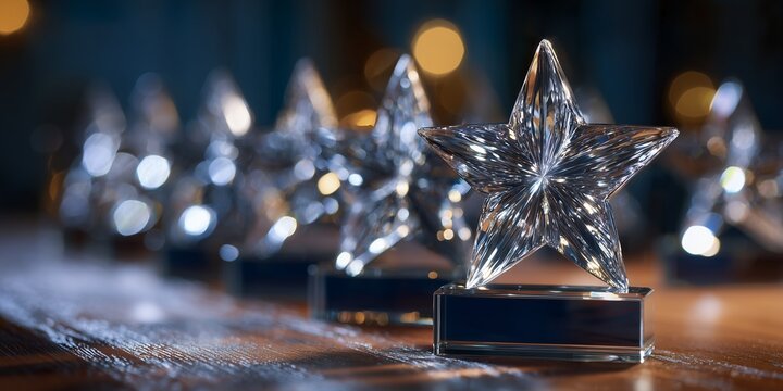 Crystal star awards lined on a wooden surface with soft focus background, concept for corporate recognition, business achievement and successful career milestone