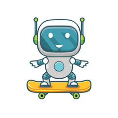A friendly robot confidently rides a skateboard, showcasing a blend of technology and playful action. The robot is designed with a charming expression