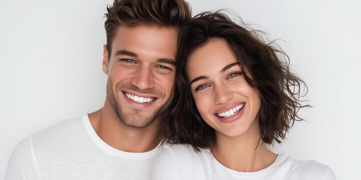 Happy couple smiling with perfect teeth looking at the camera, concept for dental care promotion, family portrait and cosmetic dentistry advertisement
