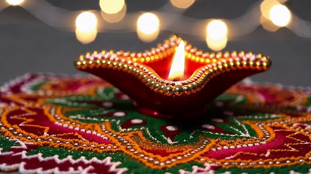 Traditional diya lamp burning on rangoli pattern during Indian Diwali festival, close-up, 4K video, mp4, 5 seconds  
