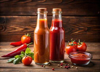A bottle of chili sauce sits next to a bottle of tomato sauce on a wooden table in a restaurant setting