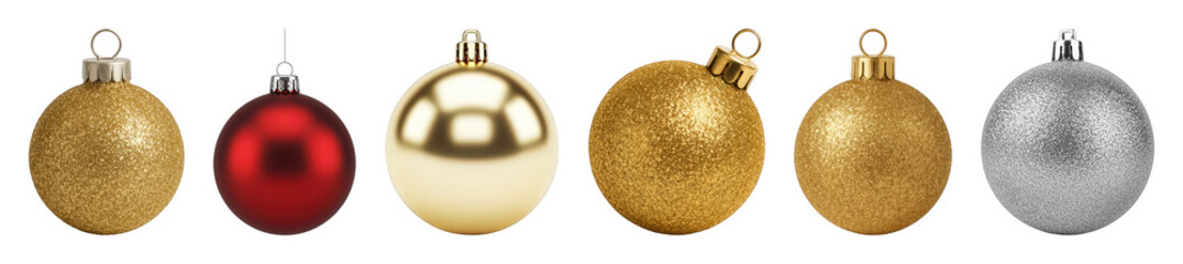 Christmas ornament set including gold glitter, red matte, shiny gold, and silver glitter spheres isolated. Holiday decoration elements.