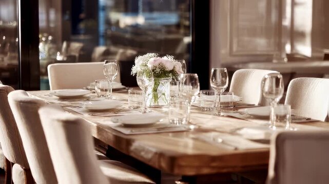 Expandable dining table with neatly arranged chairs centerpieces in clear detail while the surrounding space softly fades into a gentle blur.