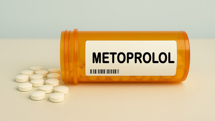Box of METOPROLOL tablets on a hospital pharmacy table used to treat high blood pressure and heart...