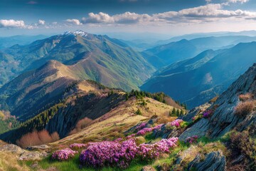 A breathtaking mountain vista with vibrant wildflowers.
