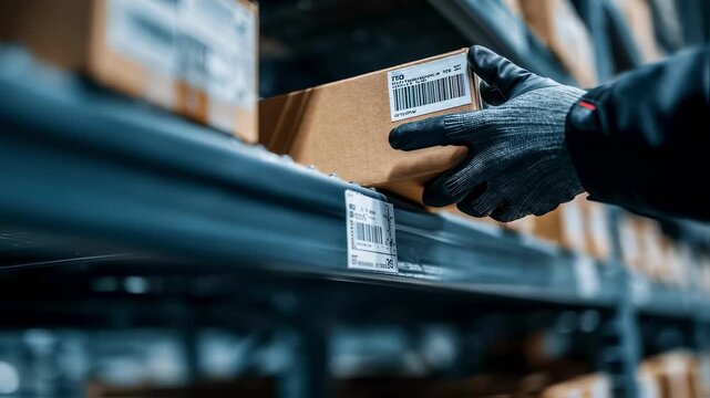 Hands organizing stock items labeled with RFID tags captured in sharp detail against a blurred industrial backdrop emphasizing precise asset control.