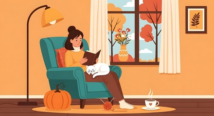 Autumn Evening A Woman Reads a Book by the Window with a Cat on Her Lap