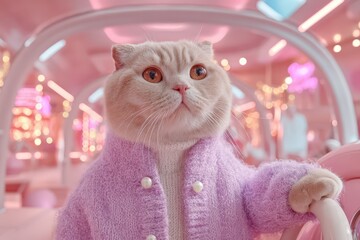 A sophisticated Scottish Fold cat is driving a pastel pink car, dressed in a pearl-buttoned sweater, surrounded by a whimsical and cute pink aesthetic interior.