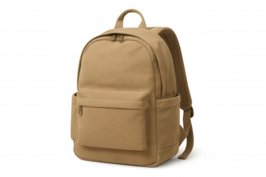 Classic khaki canvas backpack with zippered compartments, isolated on a transparent background, ready for travel or school