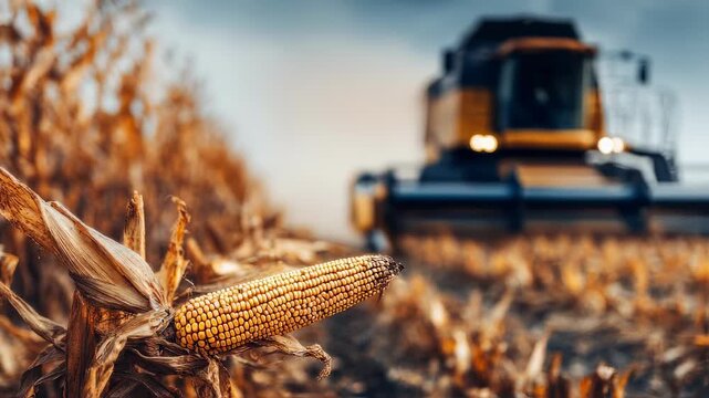 Medium shot capturing a maize combine harvester at work highlighting the front header in crisp detail against a softly blurred crop field backdrop