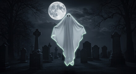 Person in a flowing ghost costume with glowing edges, floating above a graveyard under the full moon, creepy and mystical vibe 