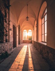 Fototapeta premium Sunlit corridor with arched ceilings