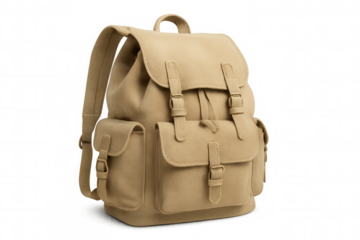 Canvas khaki backpack displaying leather buckles, studio-photographed against transparent backdrop, emphasizing functional urban accessory