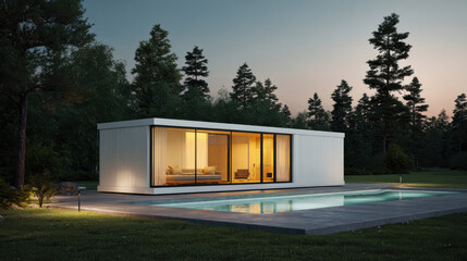 Obraz premium automated production line creates modular homes featuring transparent walls that blend indoor and outdoor spaces