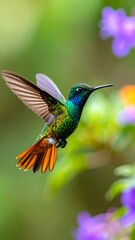 Fototapeta premium Vibrant Hummingbird Hovering Among Colorful Blooms