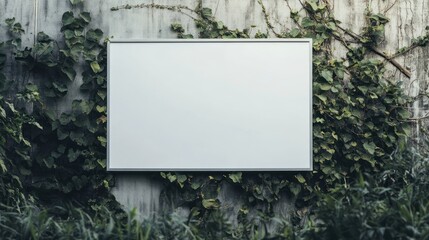 Blank Signboard on a wall covered in Green Ivy