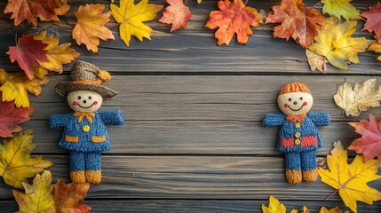 Adorable Knitted Scarecrow Dolls Autumnal Frame