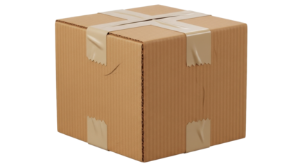 A light beige cardboard box secured with crisscrossing strips of tape.