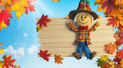 Cheerful Scarecrow with Autumn Leaves and Wooden Sign