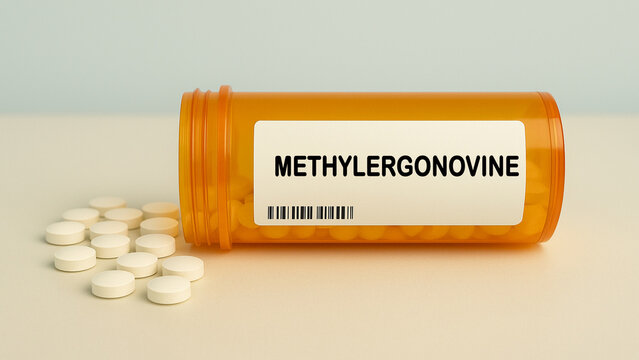Box of METHYLERGONOVINE tablets on a hospital pharmacy table used to prevent postpartum bleeding an ergot alkaloid.