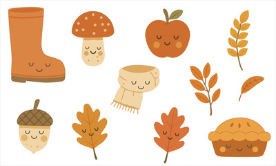 A collection of smiling cartoon figures in bright orange. Acorn, apple, cupcake, scarf, boot, mushroom. Flat style, minimalism. Ideal for creating cozy appliques in design © istorsvetlana