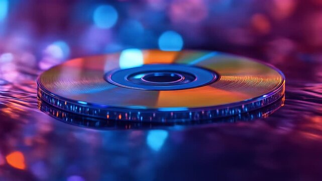 Shiny optical disc reflecting colorful lights in a dark environment.