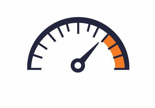 A flat design speedometer icon representing rapid performance metrics, high-speed measurement, and progress on a dashboard gauge