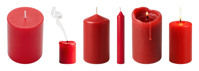 Red candle set including unlit, lit, smoking, pillar, and taper forms isolated. Home decor and festive collection.