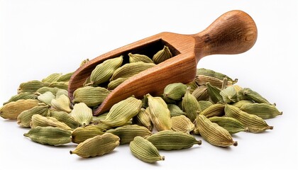 A Wooden Scoop Filled With Organic Cardamom Elettaria Cardamomum Placed On A Heap Of Whole Cardamom Isolated On A White Background