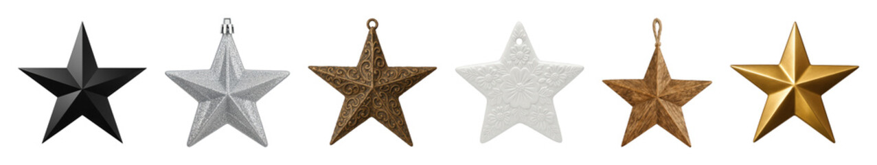 Fototapeta premium Decorative star set including black, silver glitter, bronze ornate, white floral, wood, and gold faceted stars isolated. Christmas and holiday collection.