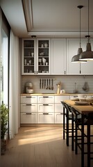 Sunlit kitchen interior showcasing white cabinetry and minimalist design elements creating cozy vibe
