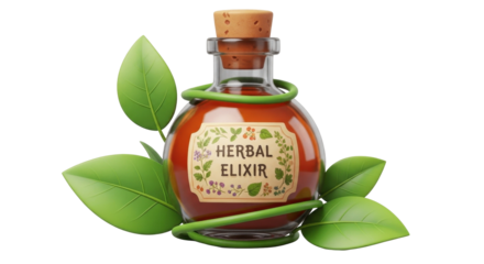 A bottle of herbal elixir with a cork stopper is surrounded by green leaves and a winding vine.
