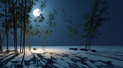 Luminous Full Moon Casting Long, Dramatic Shadows from a Silent Grove of Trees.